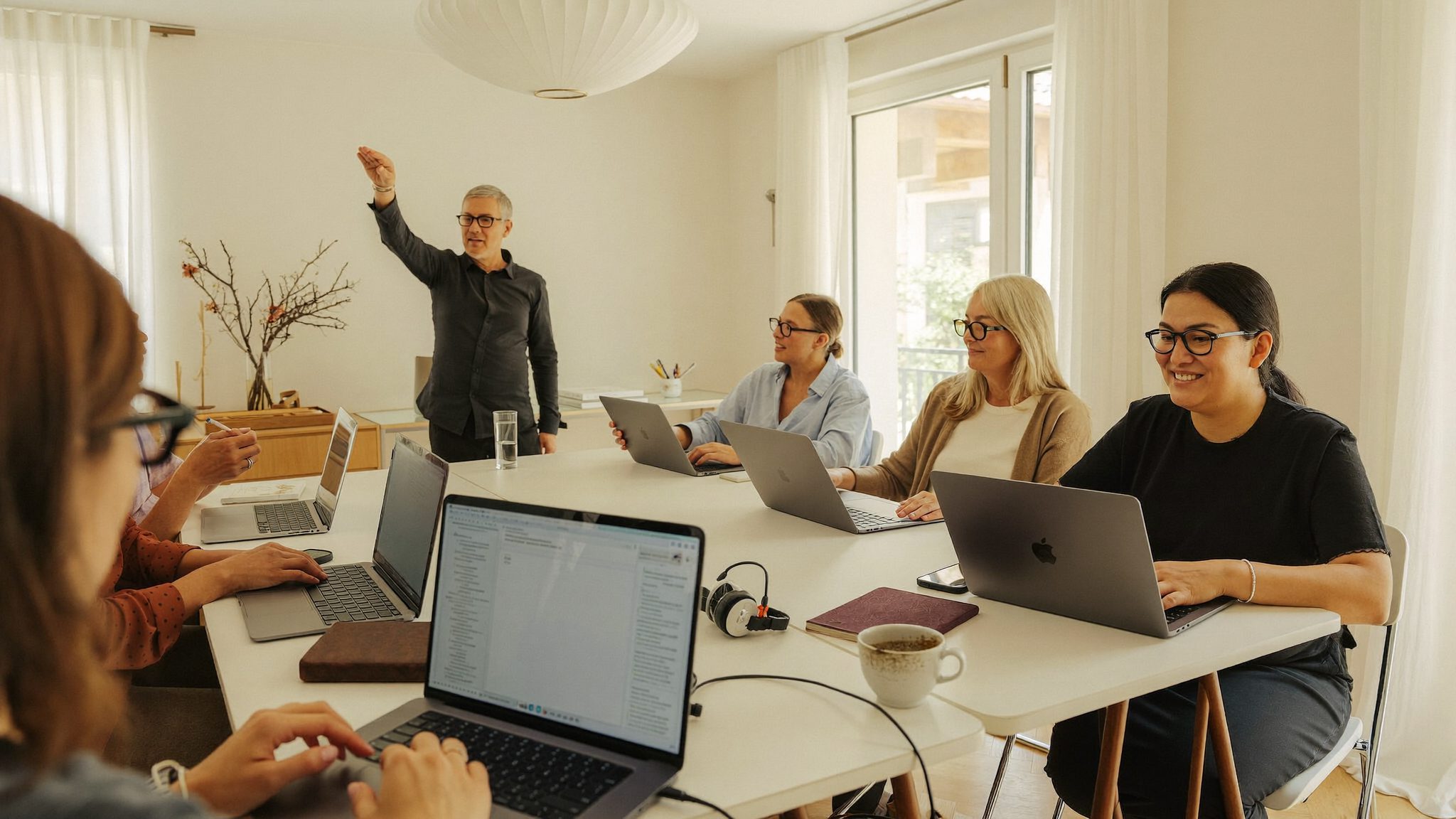 Petit groupe d'adultes réunis autour de leurs ordinateurs portables lors d'un atelier